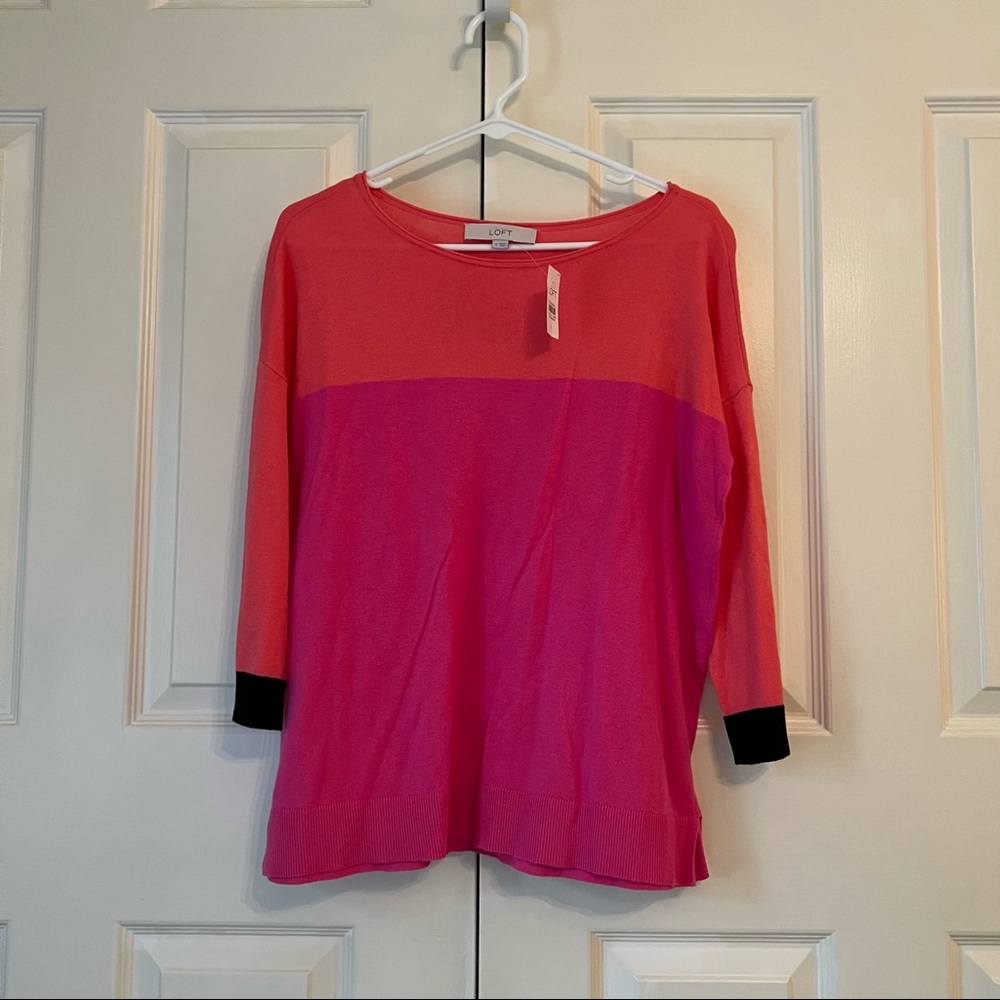 Loft pink orange navy color block cotton 3/4 sleeve spring wide neck sweater S